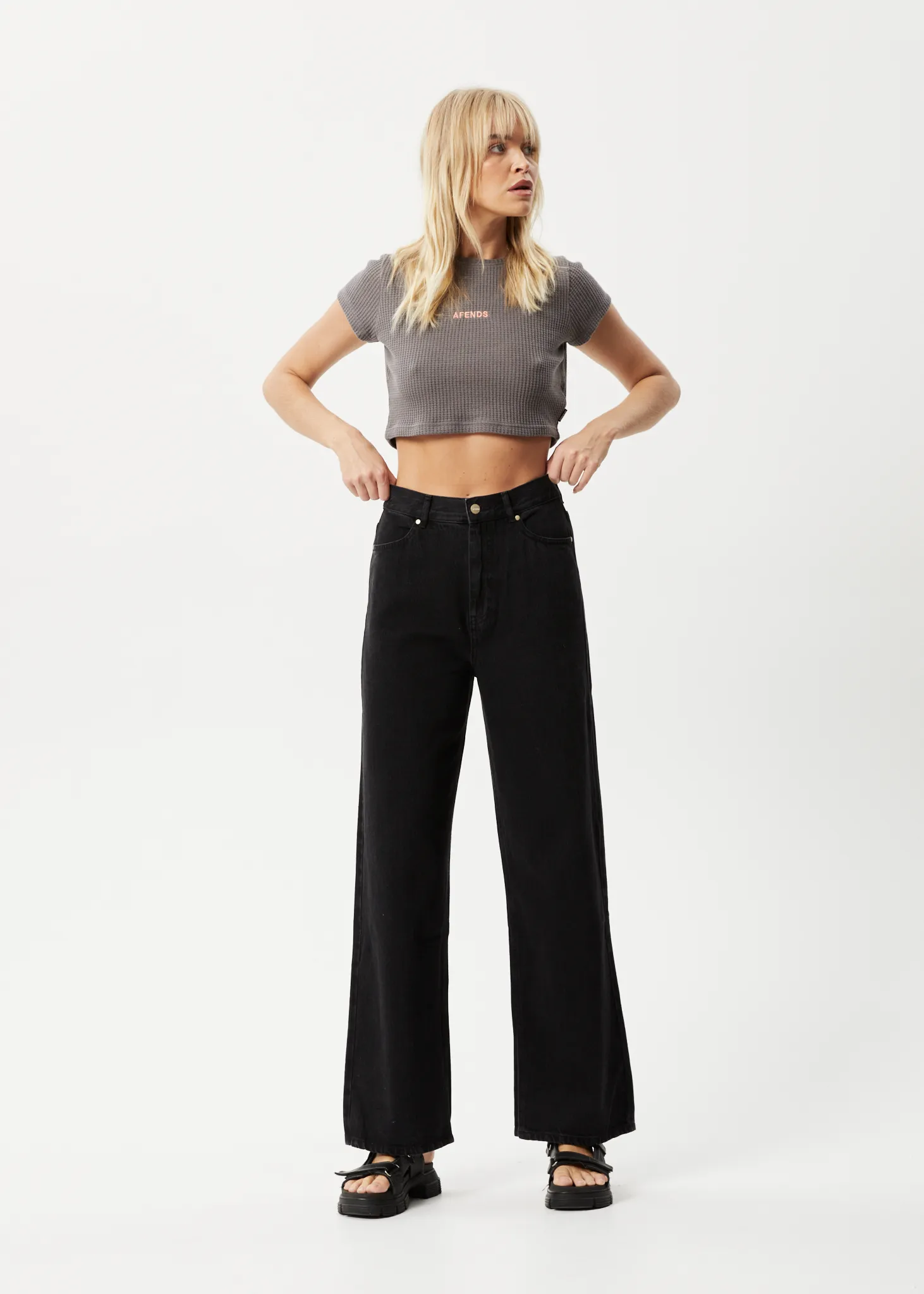 AFENDS Womens Ari - Waffle Cropped T-Shirt - Steel