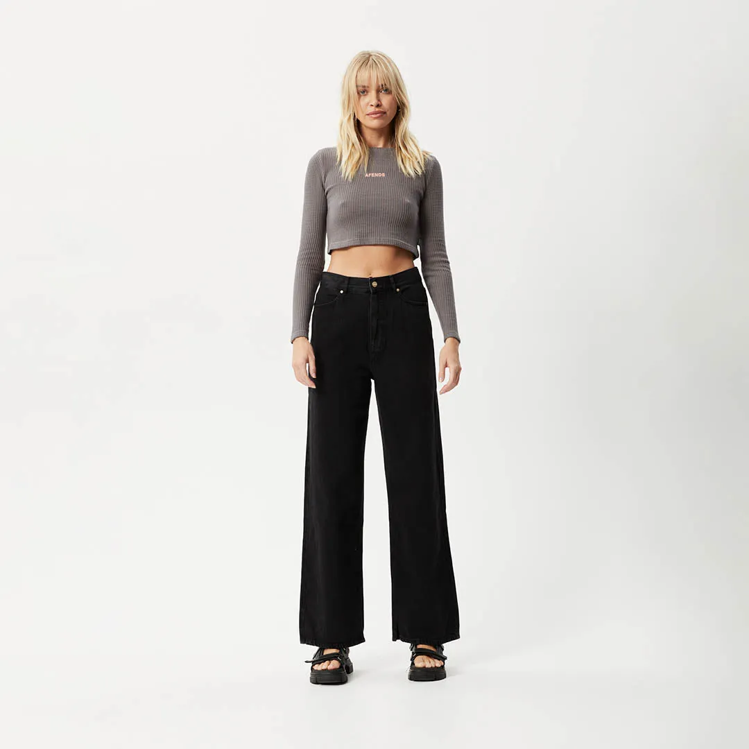AFENDS Womens Ari - Waffle Long Sleeve Cropped Top - Steel
