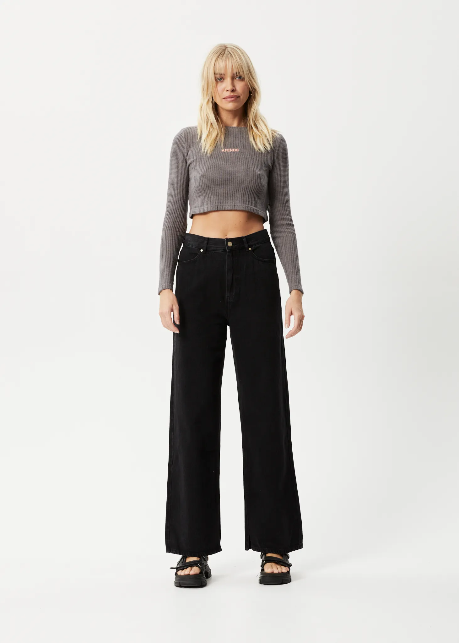 AFENDS Womens Ari - Waffle Long Sleeve Cropped Top - Steel