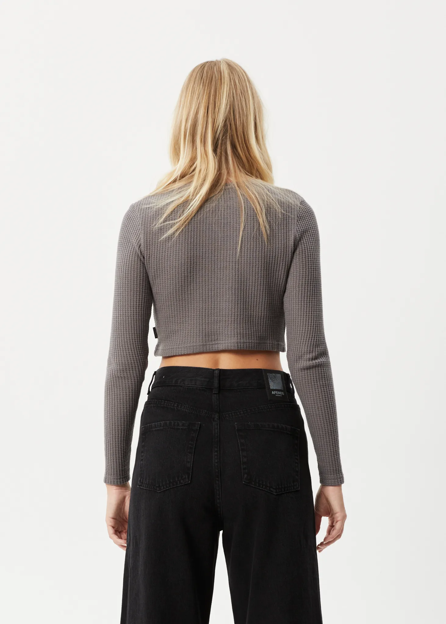 AFENDS Womens Ari - Waffle Long Sleeve Cropped Top - Steel