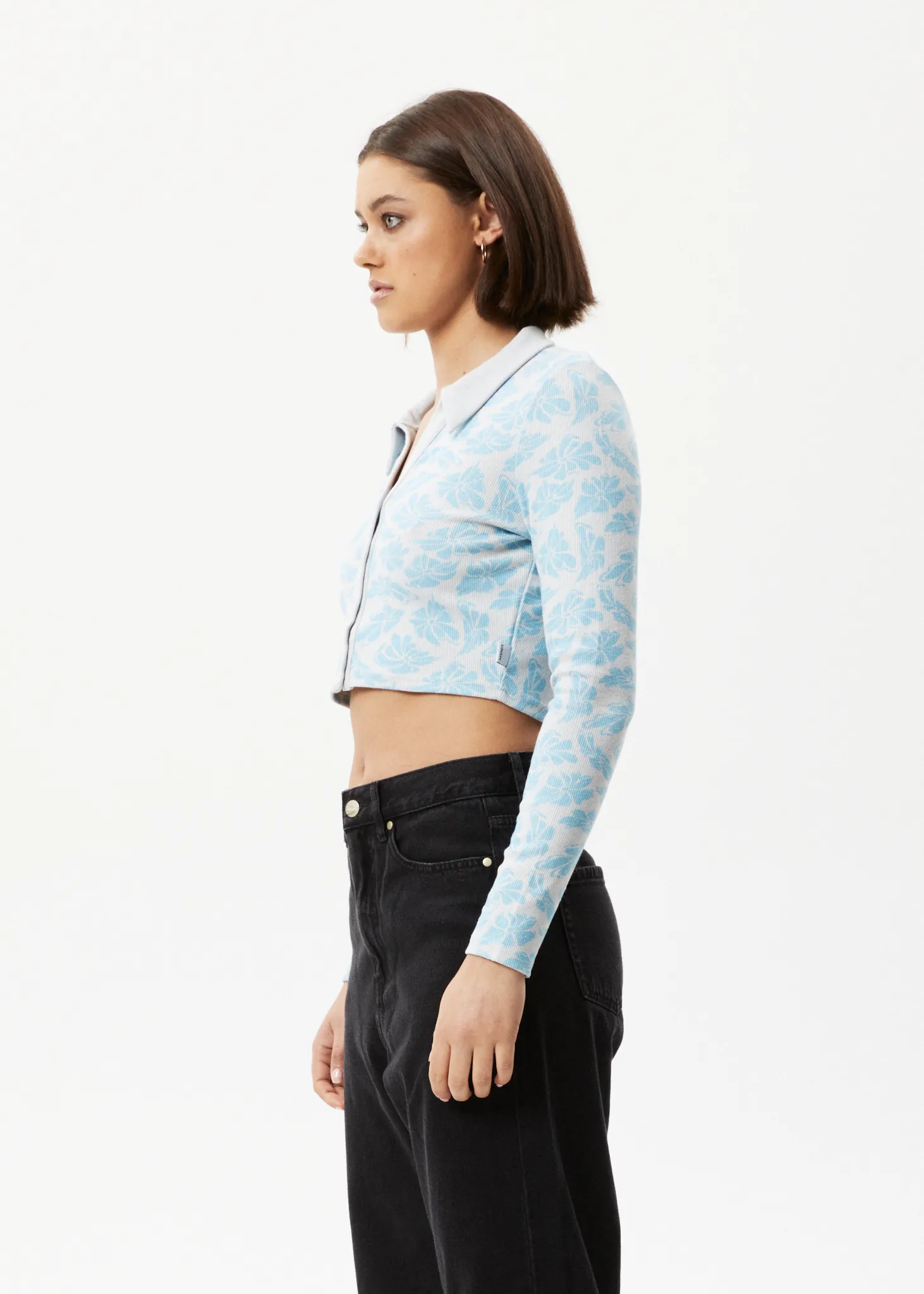 AFENDS Womens Billie - Ribbed Floral Long Sleeve Shirt - Smoke Blue