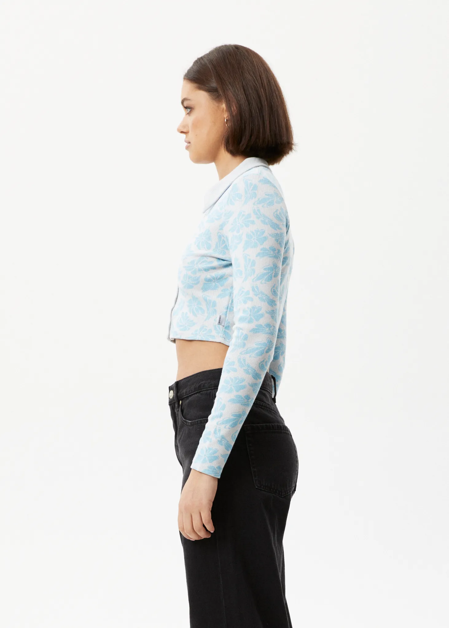 AFENDS Womens Billie - Ribbed Floral Long Sleeve Shirt - Smoke Blue