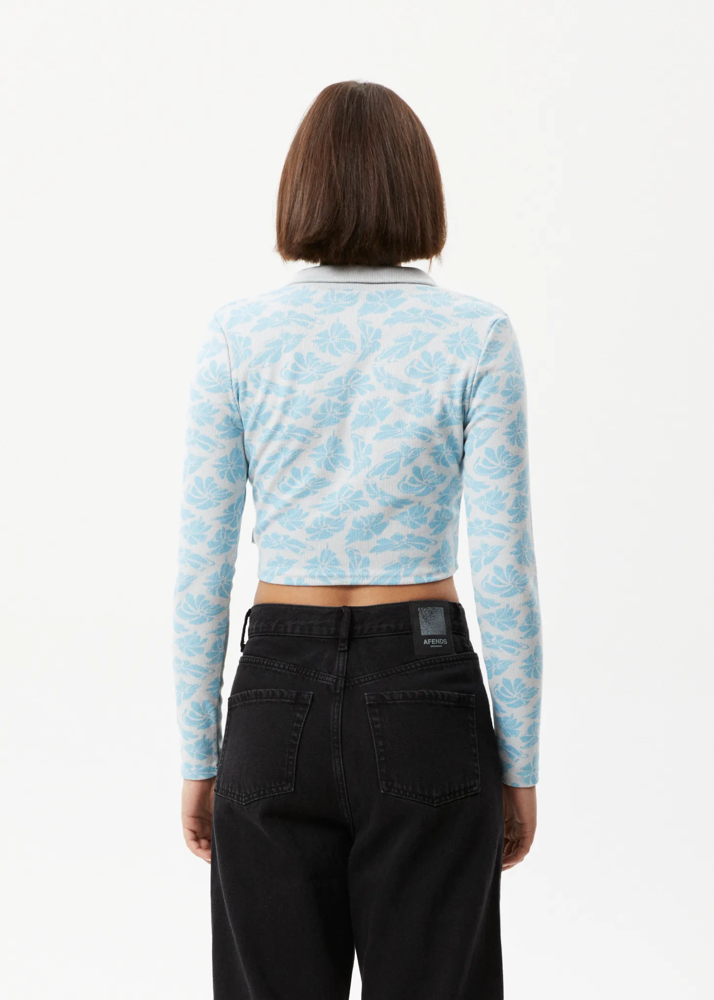 AFENDS Womens Billie - Ribbed Floral Long Sleeve Shirt - Smoke Blue