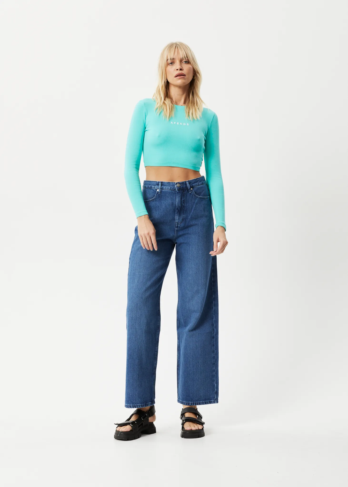 AFENDS Womens Boundless - Ribbed Cropped Long Sleeve Top - Jade