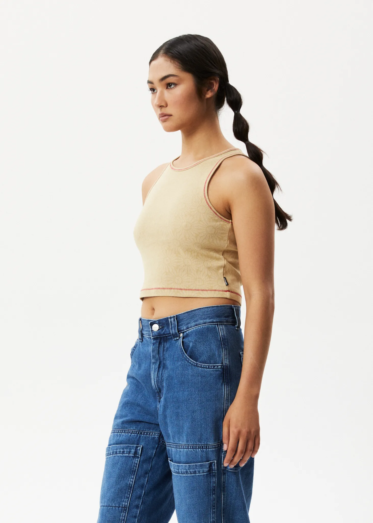 AFENDS Womens Dandy Pearly - Floral Ribbed Singlet - Camel