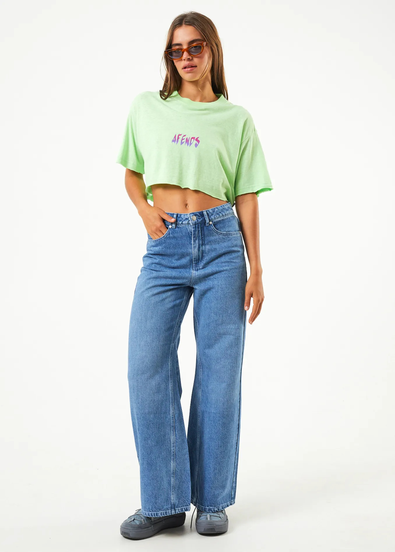 AFENDS Womens Electric Slay Cropped - Oversized T-Shirt - Lime Green