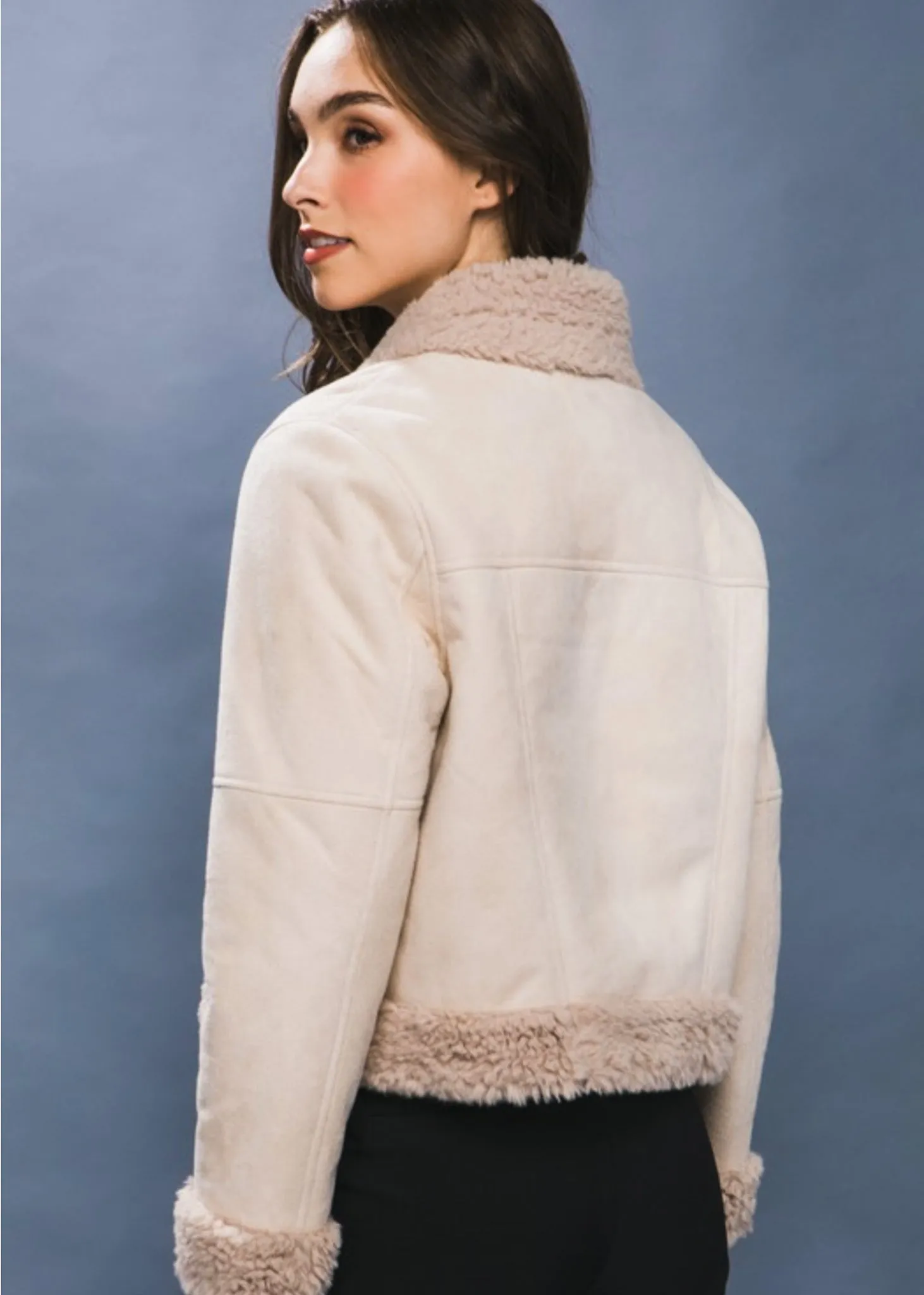 Ava, Womens Cropped, Vegan, Suede and Fur Jacket, Beige