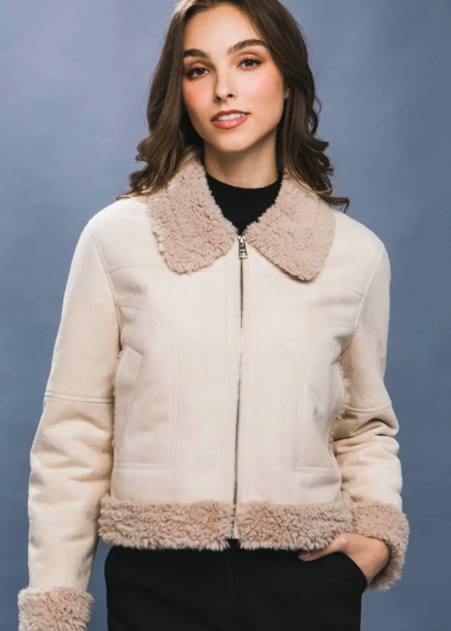 Ava, Womens Cropped, Vegan, Suede and Fur Jacket, Beige