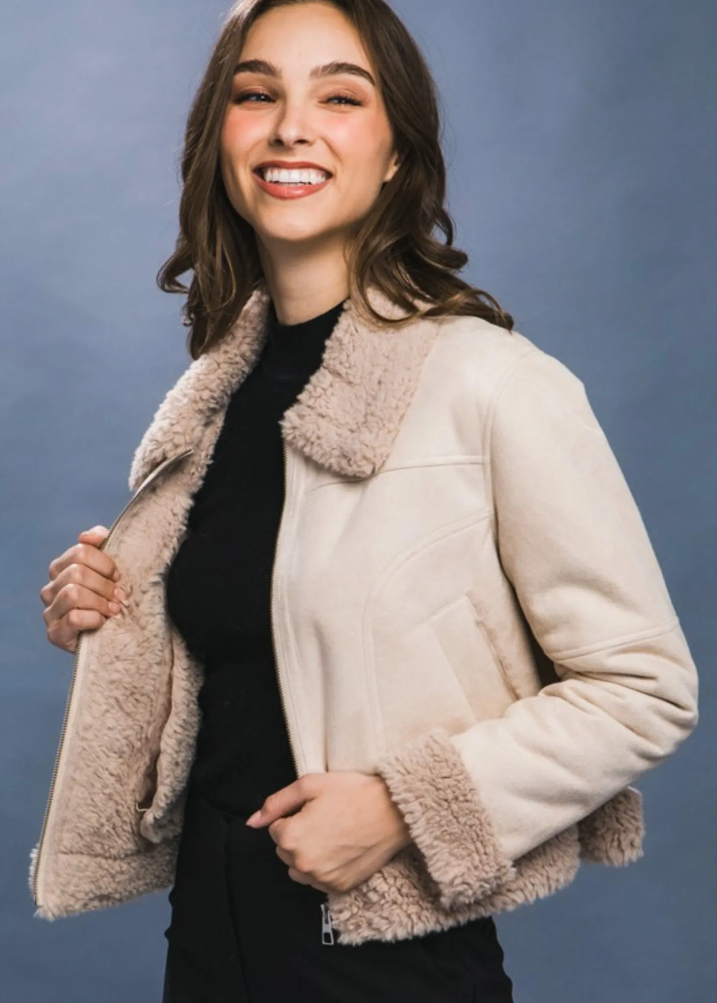 Ava, Womens Cropped, Vegan, Suede and Fur Jacket, Beige
