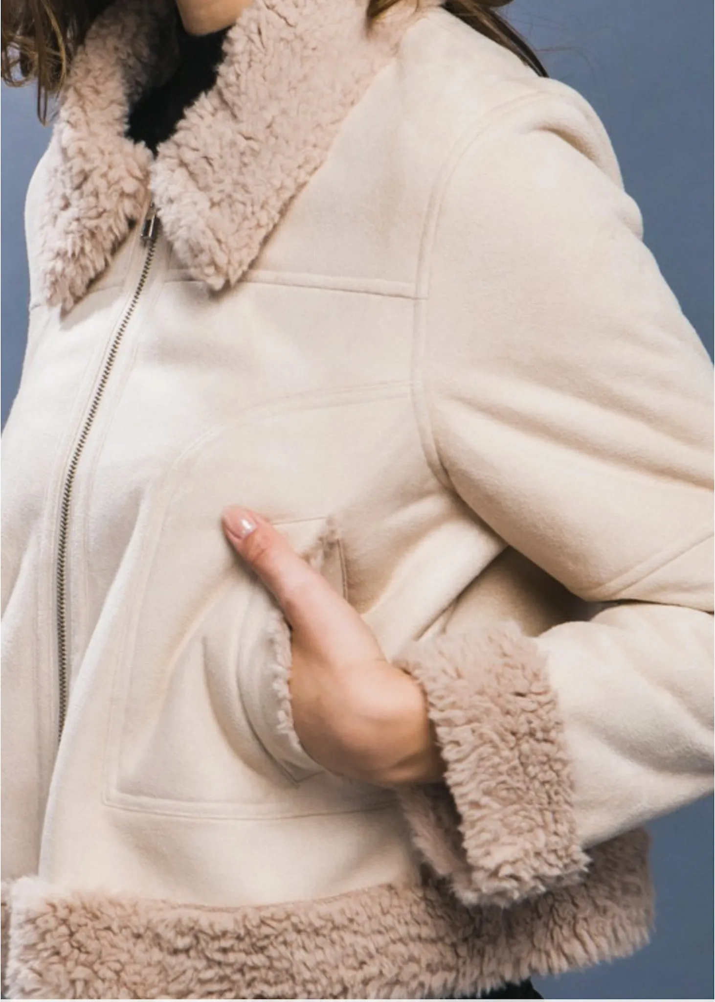 Ava, Womens Cropped, Vegan, Suede and Fur Jacket, Beige