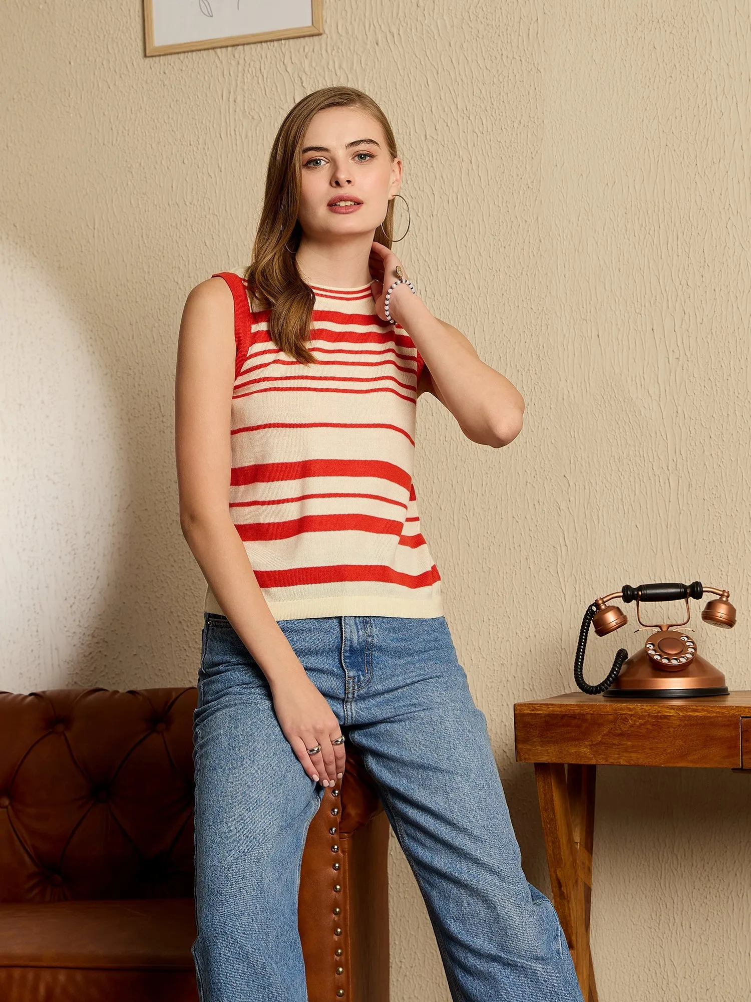 Berrylush Women Orange Round Neck Striped Sleeveless Knitted Acrylic Sweater