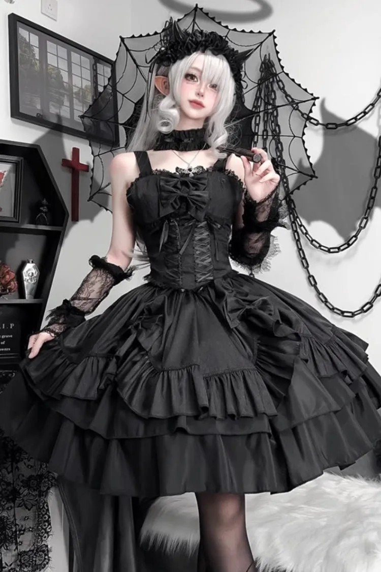 Black [Butterfly Officer] Triple-Layered Ruffle Bowknot Lace-Up Gothic Lolita Skirt Set
