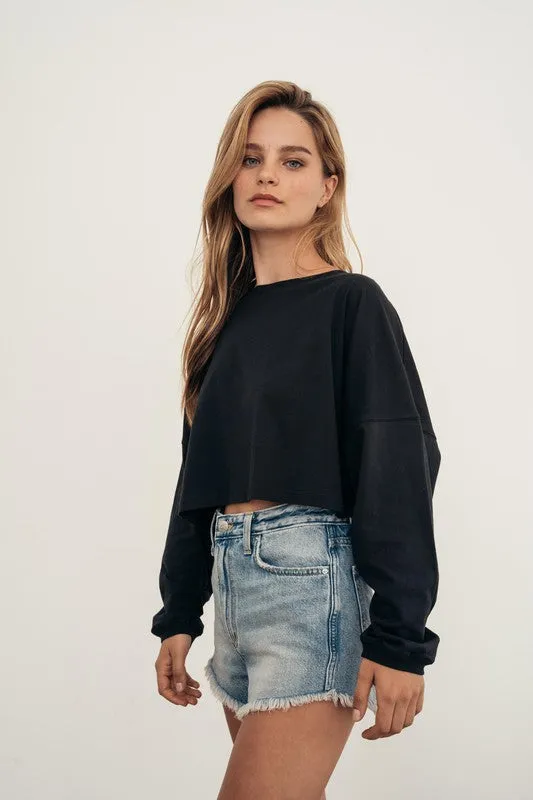 Black // Carolyn Cropped Easy Long Sleeve Tee