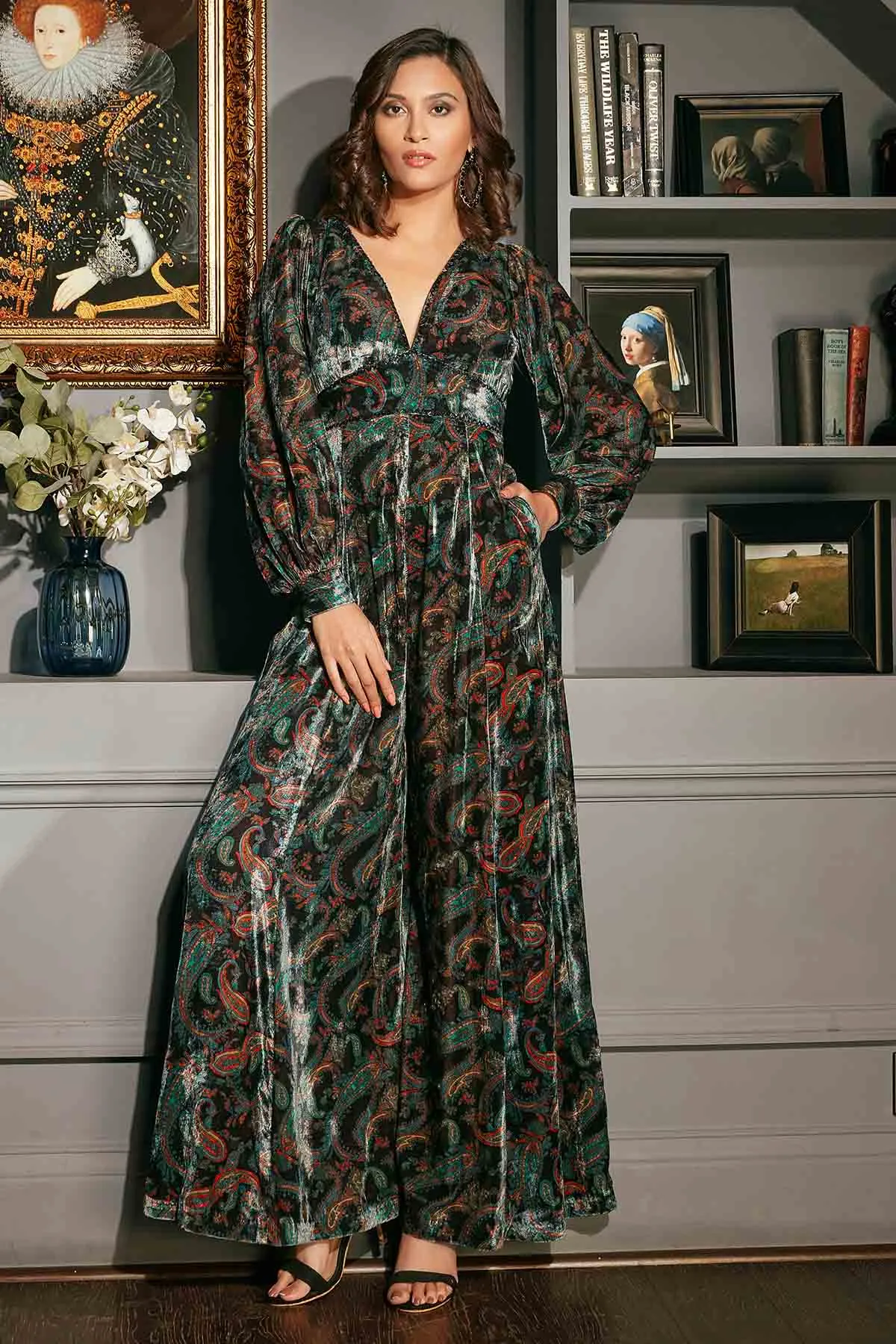 Black Velvet Printed Jumpsuit