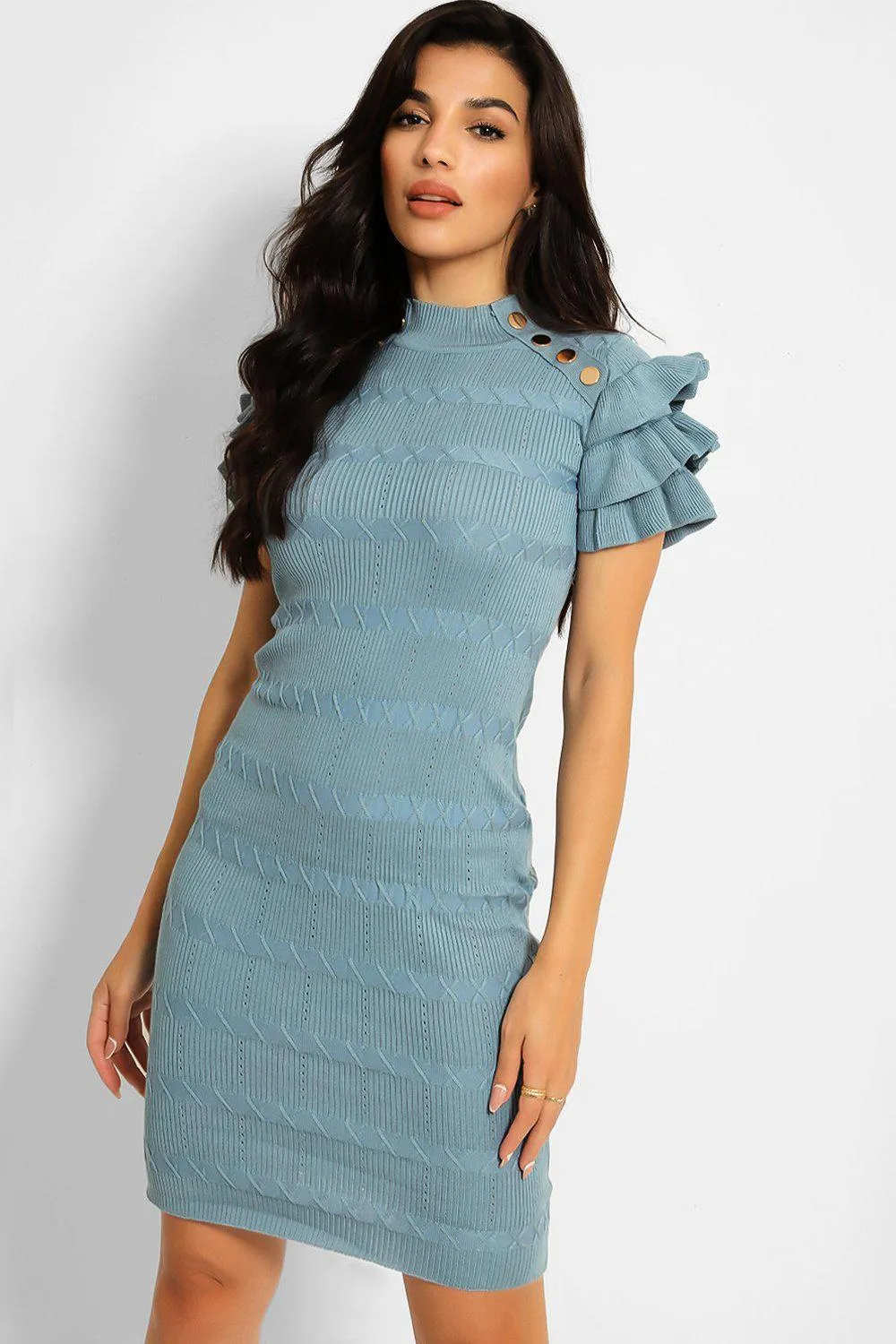 BLUE HIGH NECK FRILL & BUTTON DETAIL KNIT BODYCON DRESS