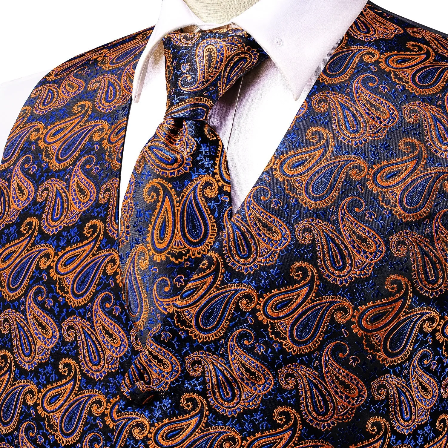 Blue Orange Paisley Jacquard Silk Men's Vest Hanky Cufflinks Tie Set