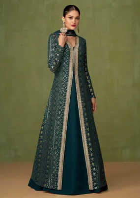 Bottle green embroidered readymade gown