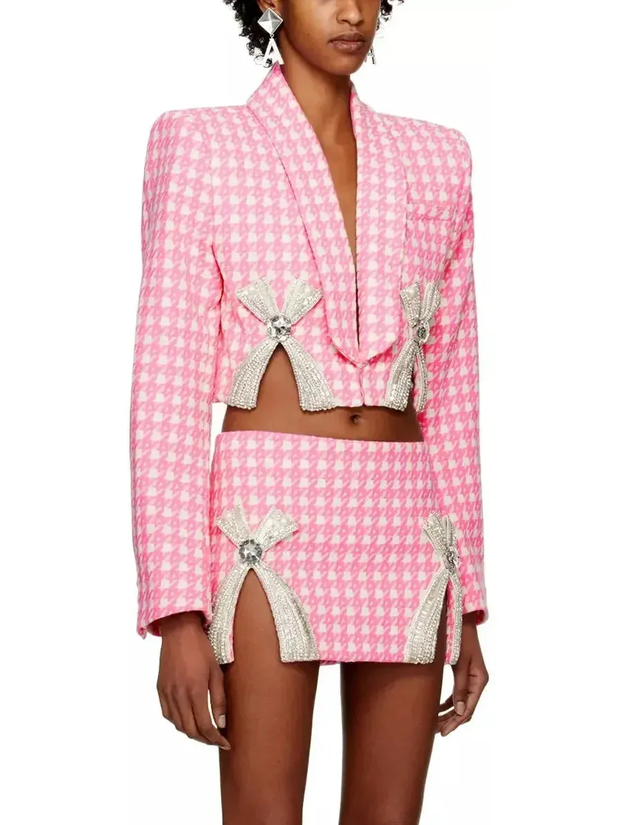 Bow-Embroidered Cropped Blazer and Mini Skirt Set in Pink Houndstooth