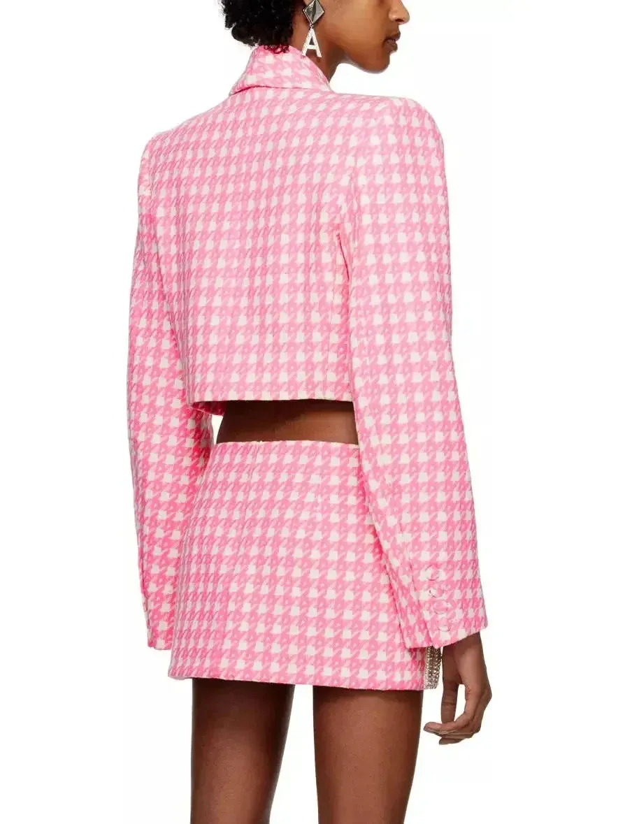 Bow-Embroidered Cropped Blazer and Mini Skirt Set in Pink Houndstooth