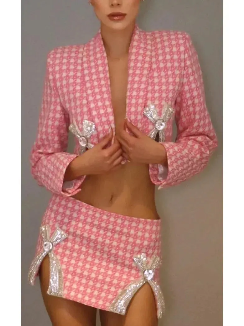 Bow-Embroidered Cropped Blazer and Mini Skirt Set in Pink Houndstooth