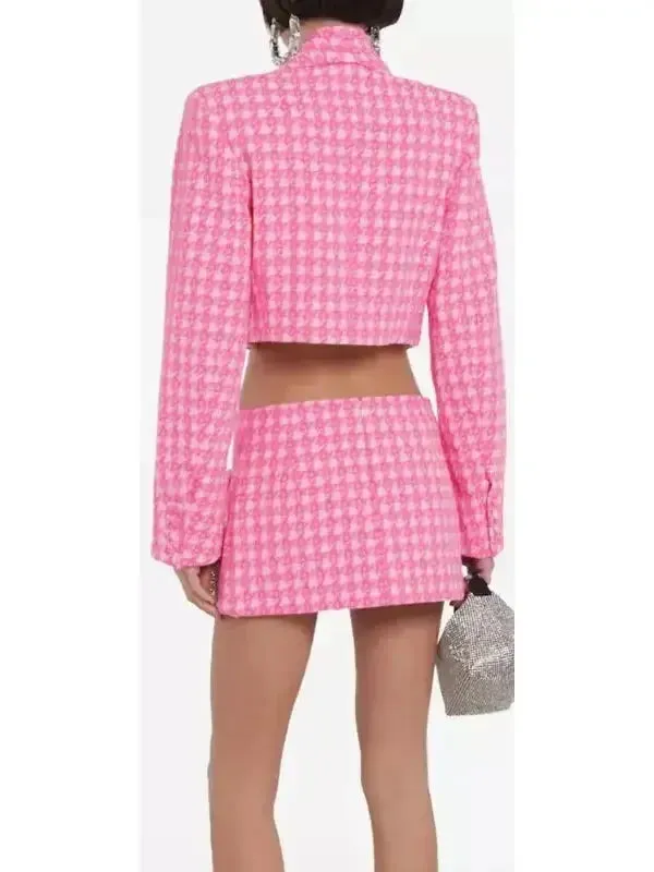 Bow-Embroidered Cropped Blazer and Mini Skirt Set in Pink Houndstooth