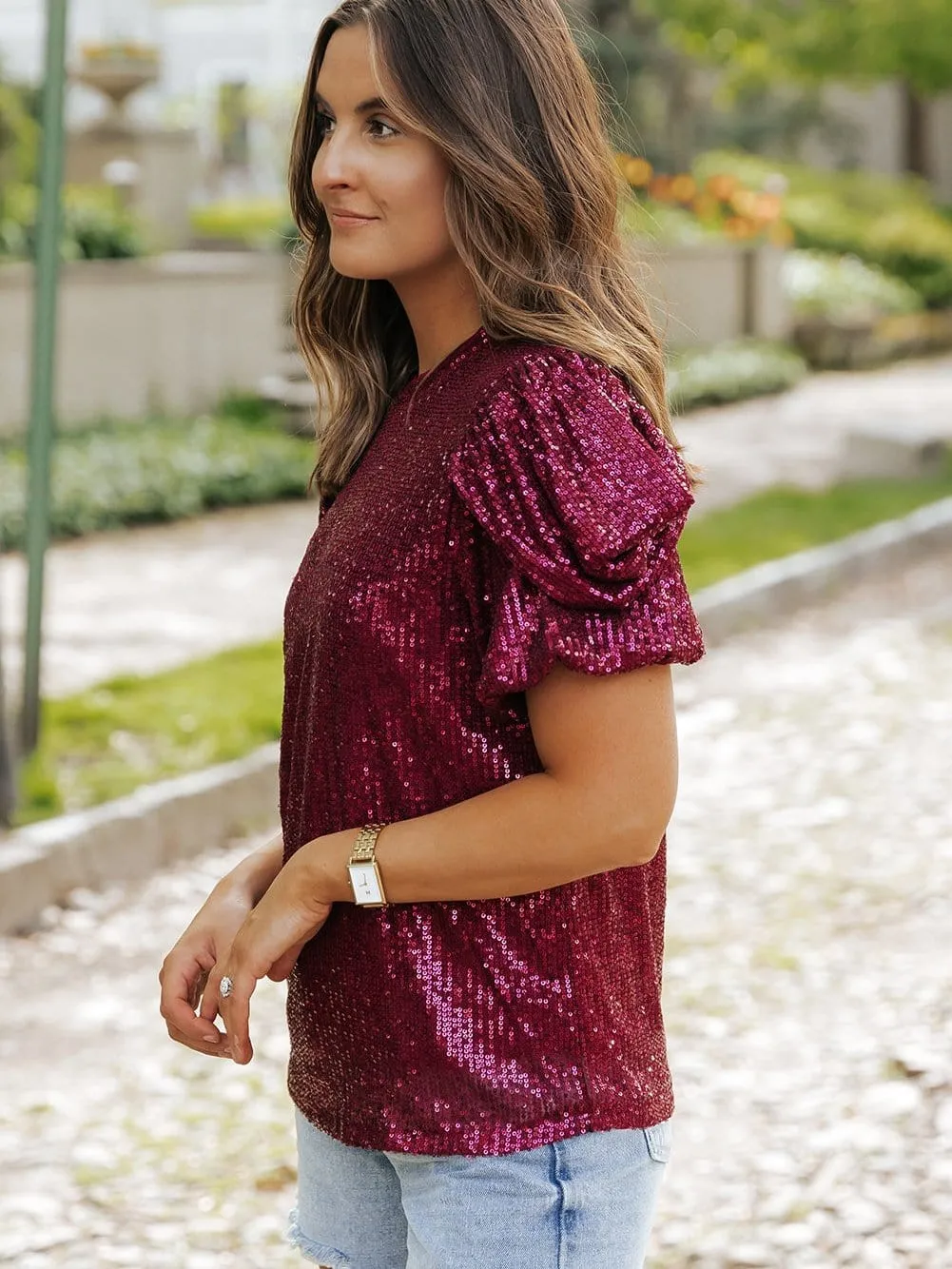 Burgundy Sequin Top with Balloon Sleeves