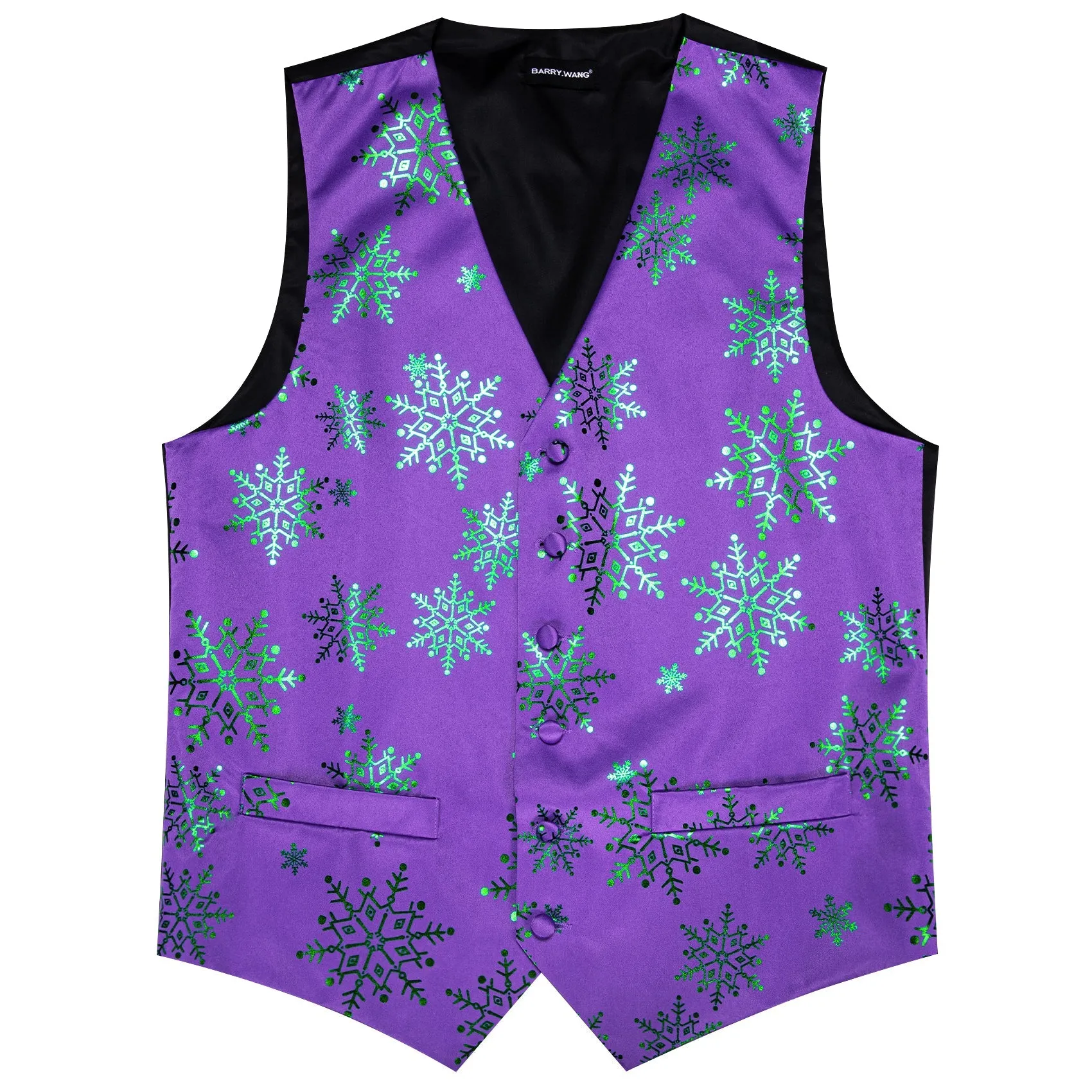 Christmas Purple Green Snowflake Silk Men's Vest Hanky Cufflinks Tie Set