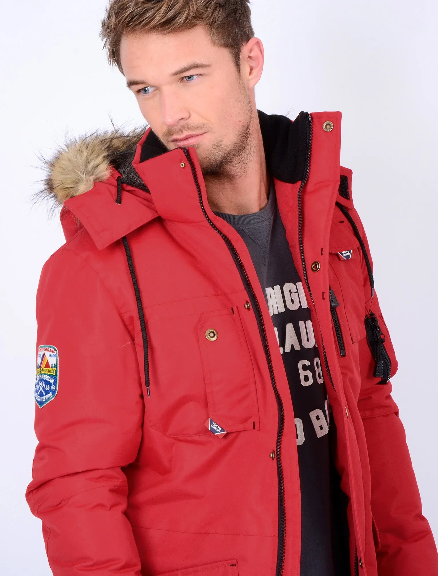 Dawson Utility Parka Coat with Fur Lined Hood in Red - Tokyo Laundry
