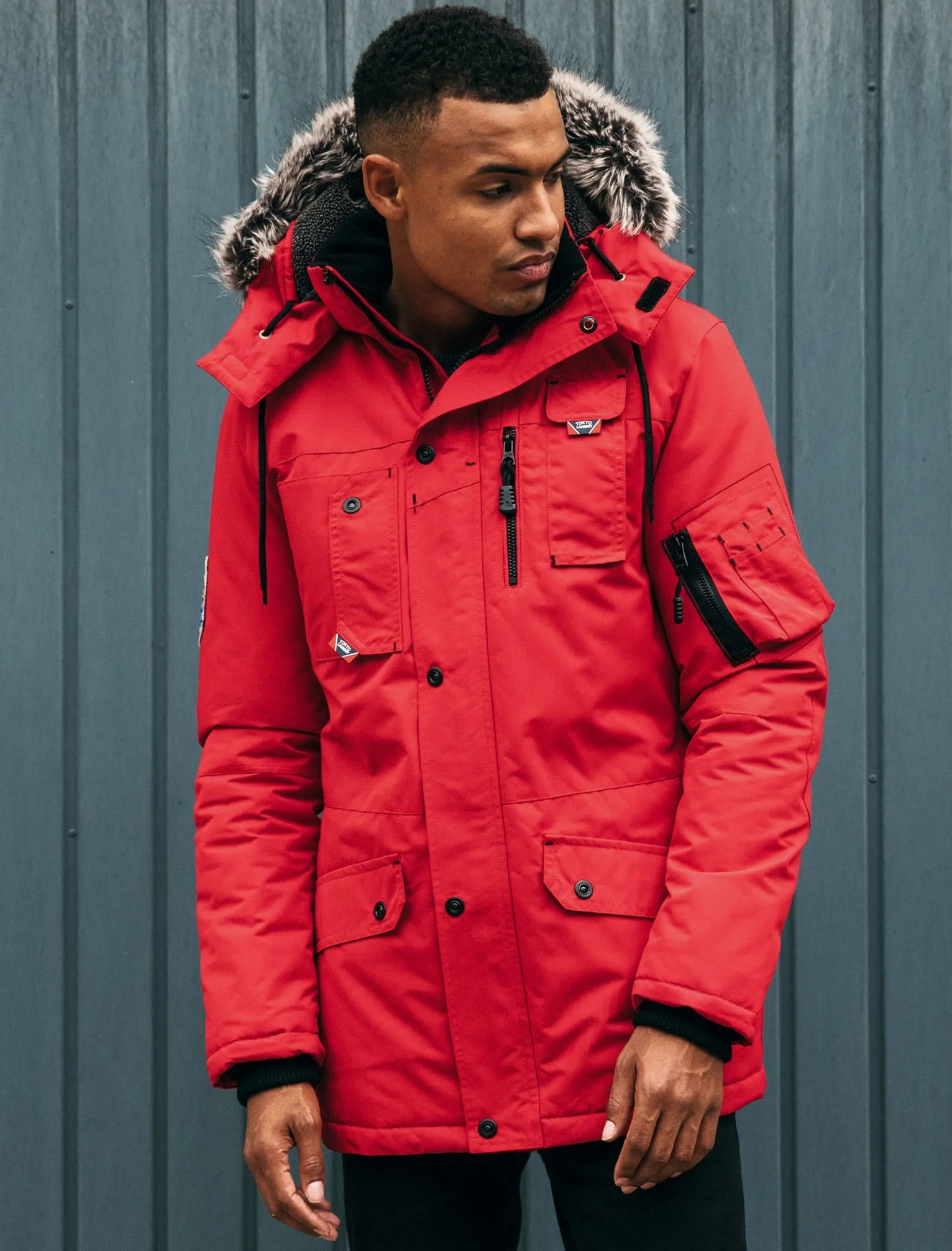Dawson Utility Parka Coat with Fur Lined Hood in Red - Tokyo Laundry