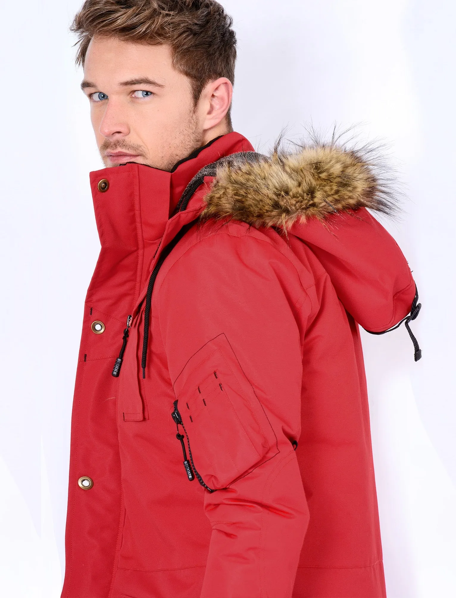 Dawson Utility Parka Coat with Fur Lined Hood in Red - Tokyo Laundry
