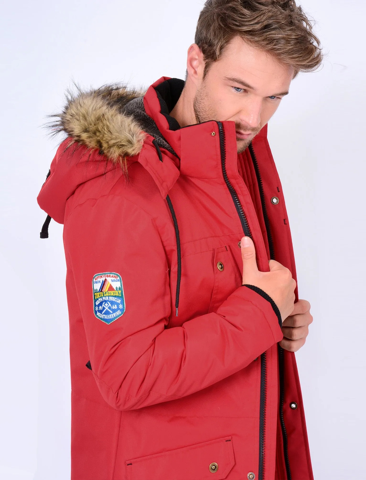 Dawson Utility Parka Coat with Fur Lined Hood in Red - Tokyo Laundry