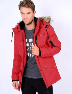 Dawson Utility Parka Coat with Fur Lined Hood in Red - Tokyo Laundry