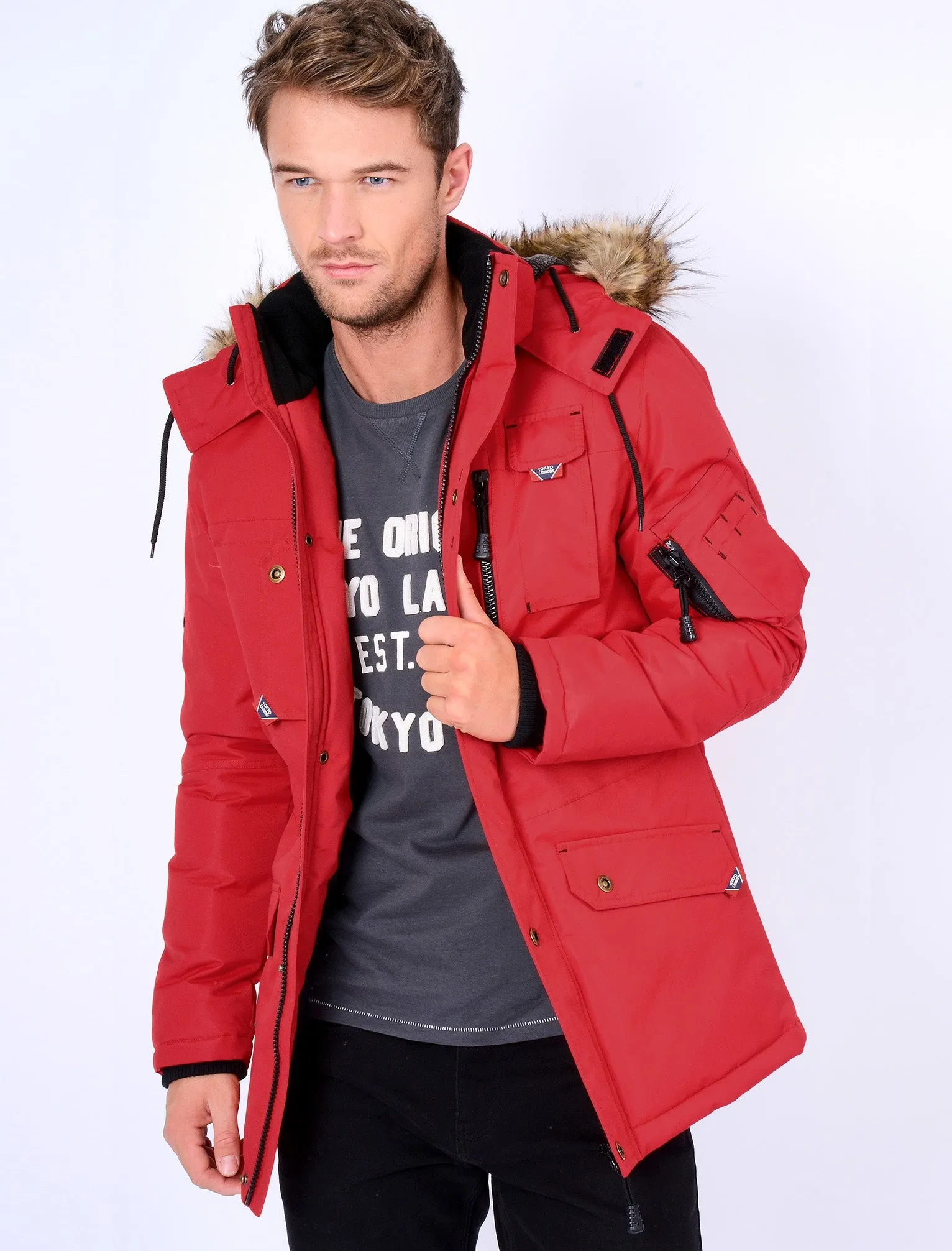 Dawson Utility Parka Coat with Fur Lined Hood in Red - Tokyo Laundry