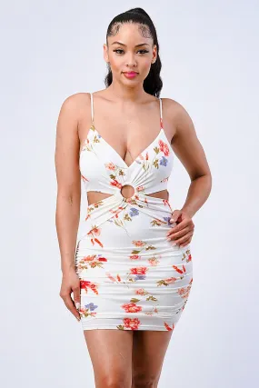 FLORAL SIDE CUTOUT CIRCLE KNOT BODYCON MINI DRESS