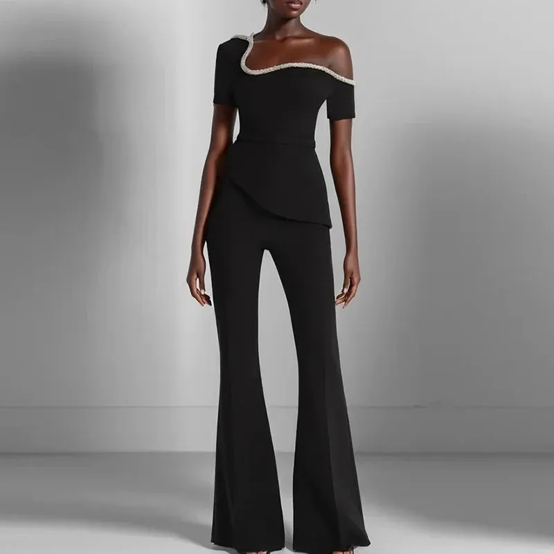 High Waist Flare Pant Short Sleeved Jumpsuit