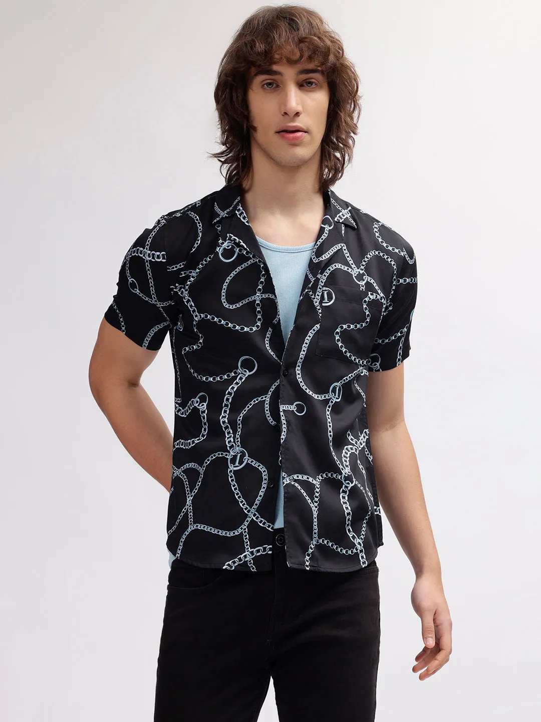 Iconic Men Black Printed Resort Collar Short Sleeves Shirt