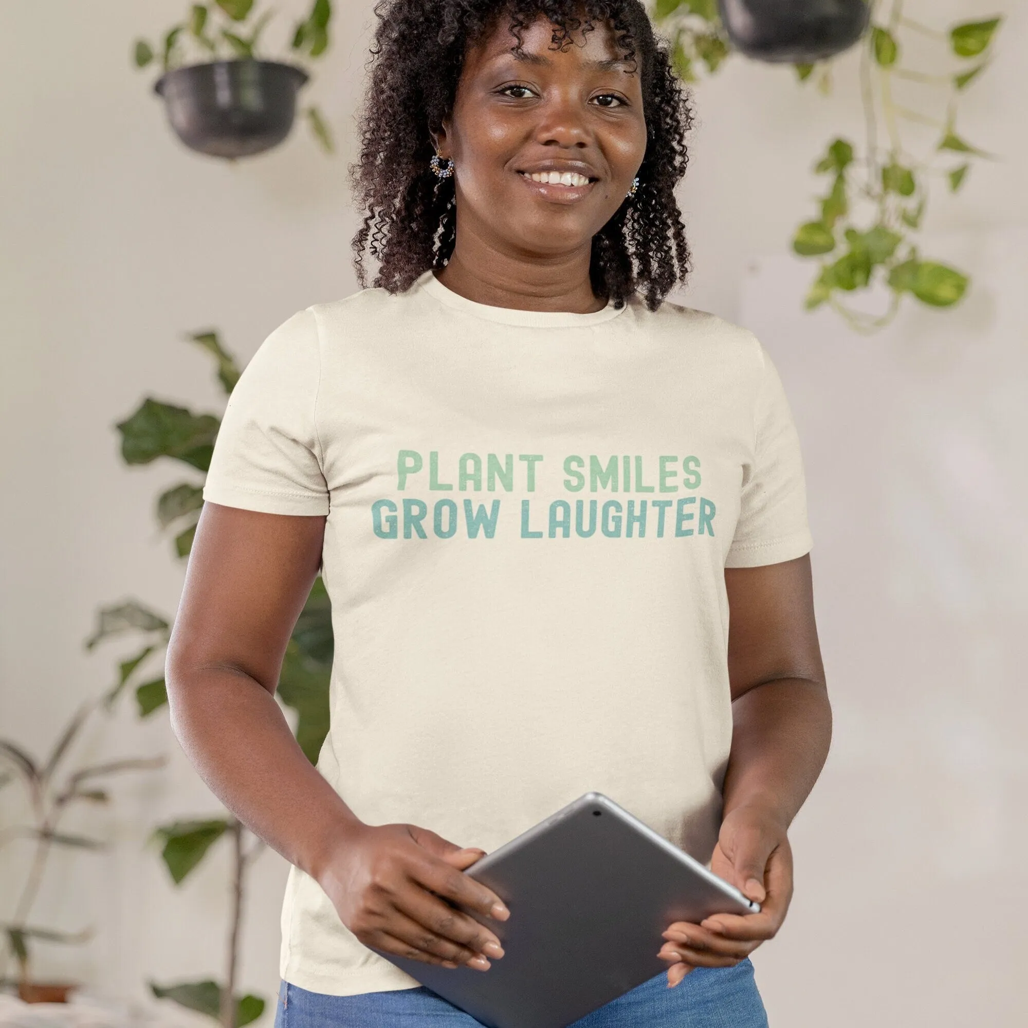 Inspirational Quote T-Shirt, Plant Smiles Grow Laughter, Positive Message Tee, Unisex Shirt for Men and Women
