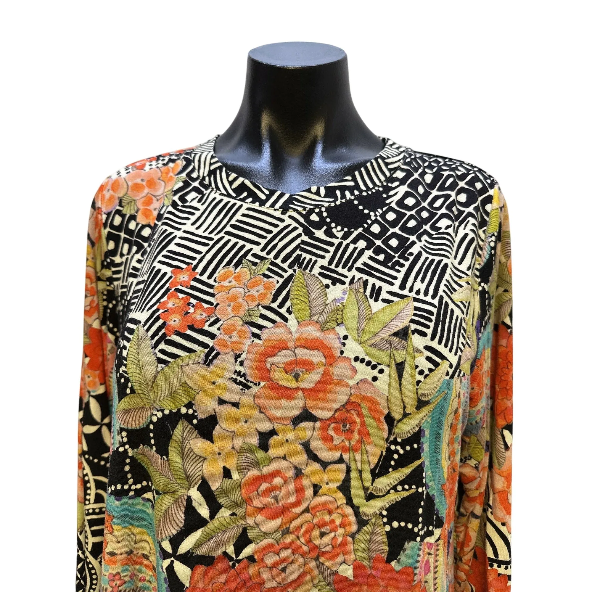 Johnny Was Multicolor Floral & Geometric Long Sleeve Blouse Size L