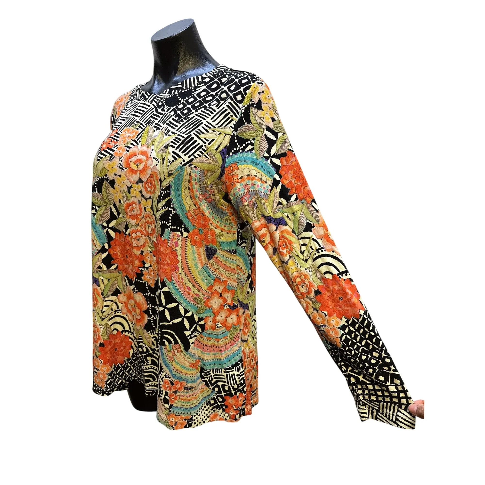 Johnny Was Multicolor Floral & Geometric Long Sleeve Blouse Size L