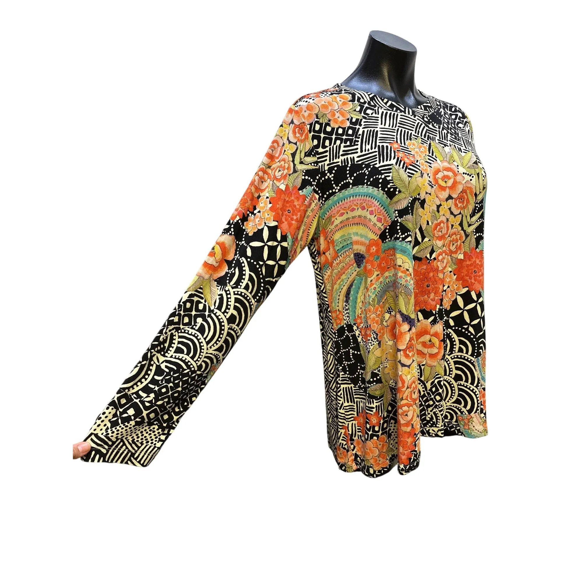 Johnny Was Multicolor Floral & Geometric Long Sleeve Blouse Size L