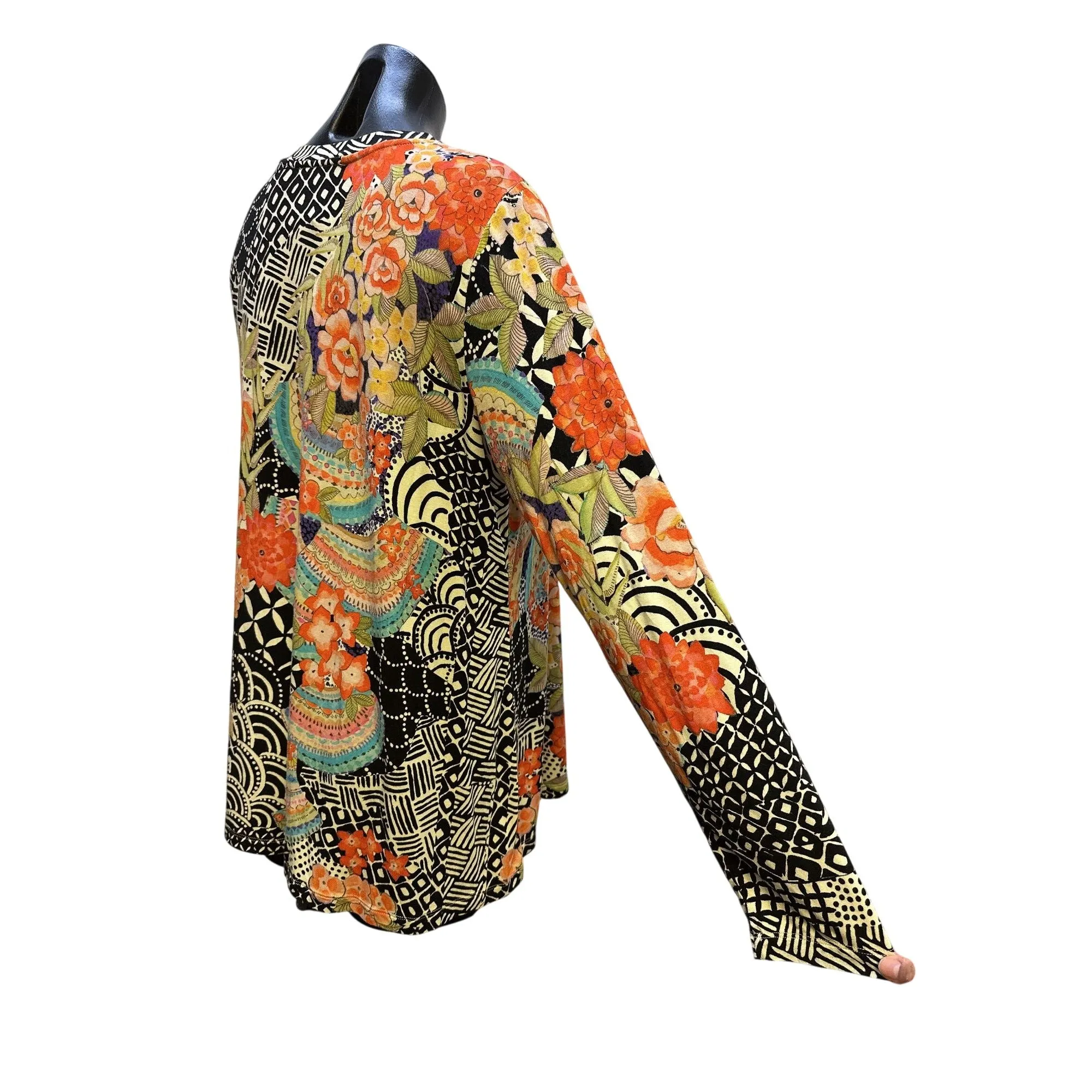 Johnny Was Multicolor Floral & Geometric Long Sleeve Blouse Size L