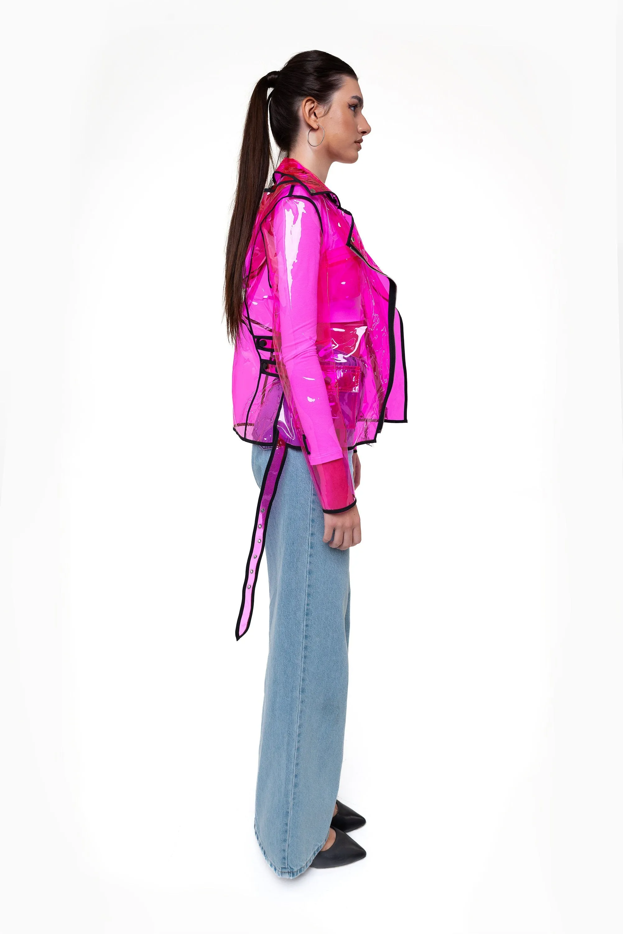 Ladies Bright Vinyl Transparent Biker Jacket with removeble hood.  Stylish Rain Jacket ! Wind resistant clothing. Unique festival design.