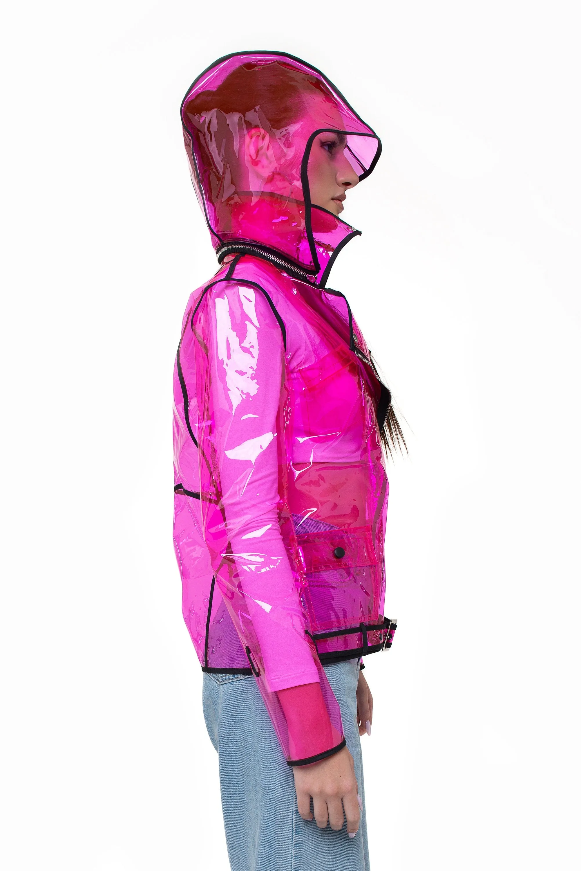 Ladies Bright Vinyl Transparent Biker Jacket with removeble hood.  Stylish Rain Jacket ! Wind resistant clothing. Unique festival design.