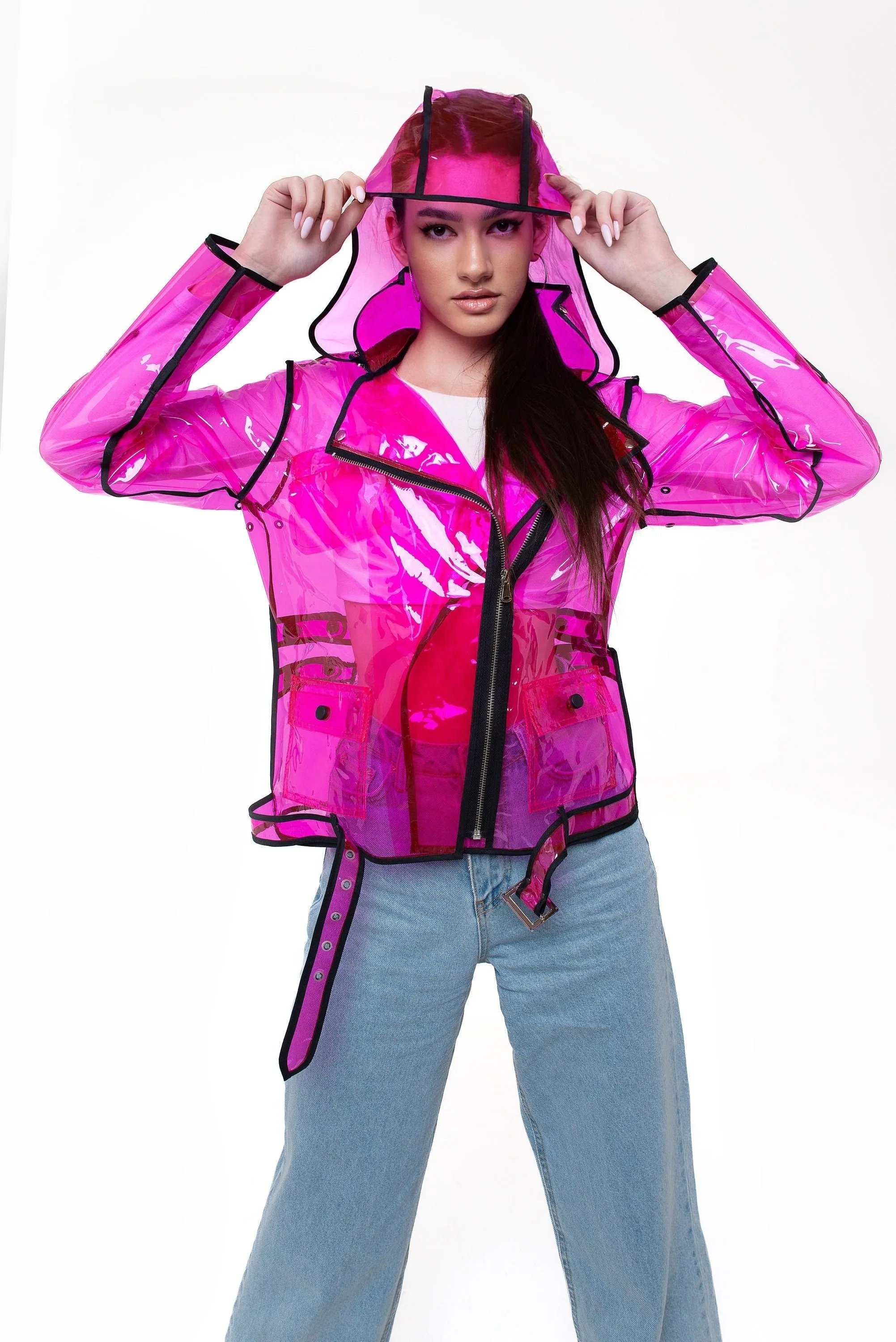 Ladies Bright Vinyl Transparent Biker Jacket with removeble hood.  Stylish Rain Jacket ! Wind resistant clothing. Unique festival design.