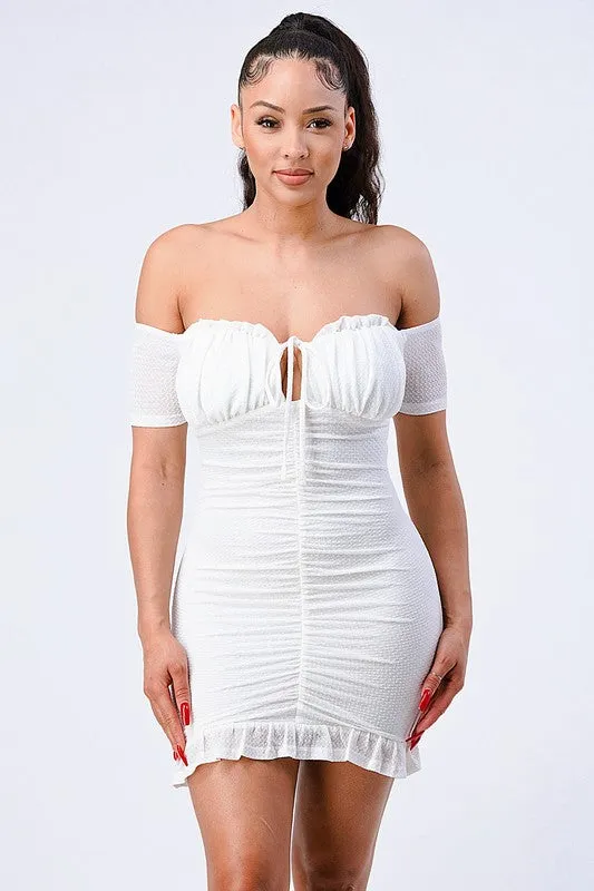 LUX OFF SHOULDER RUCHED RUFFLED HEM BODYCON MINI DRESS
