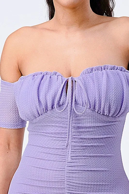LUX OFF SHOULDER RUCHED RUFFLED HEM BODYCON MINI DRESS