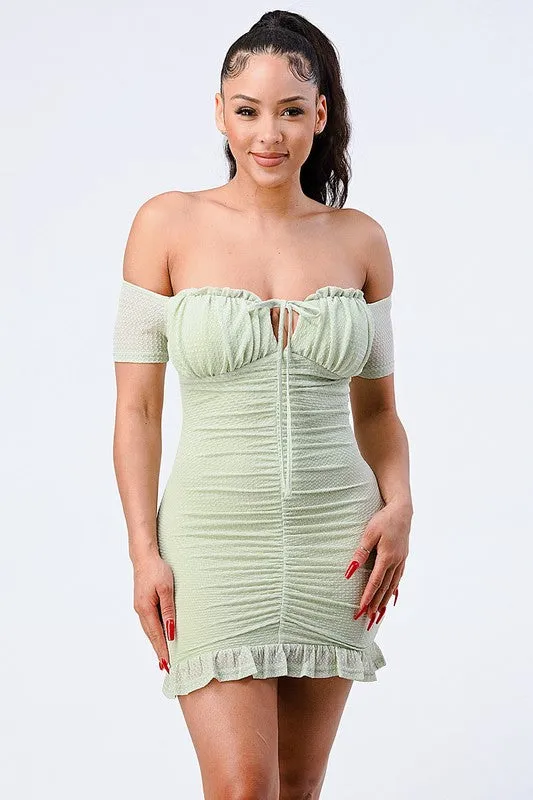 LUX OFF SHOULDER RUCHED RUFFLED HEM BODYCON MINI DRESS