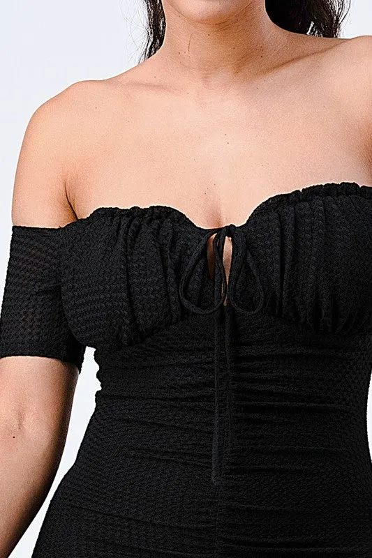 LUX OFF SHOULDER RUCHED RUFFLED HEM BODYCON MINI DRESS