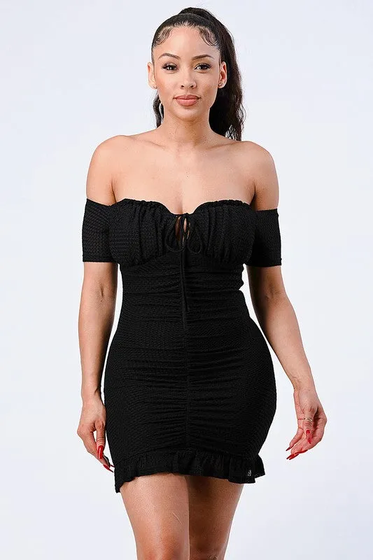 LUX OFF SHOULDER RUCHED RUFFLED HEM BODYCON MINI DRESS