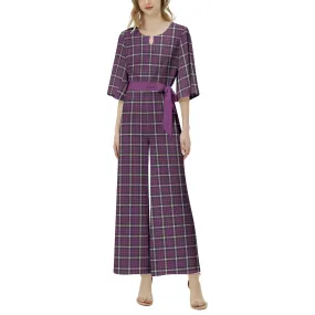 M Kemp Purple Plaid Dolman Sleeve Belted Wide Leg Jumpsuit
